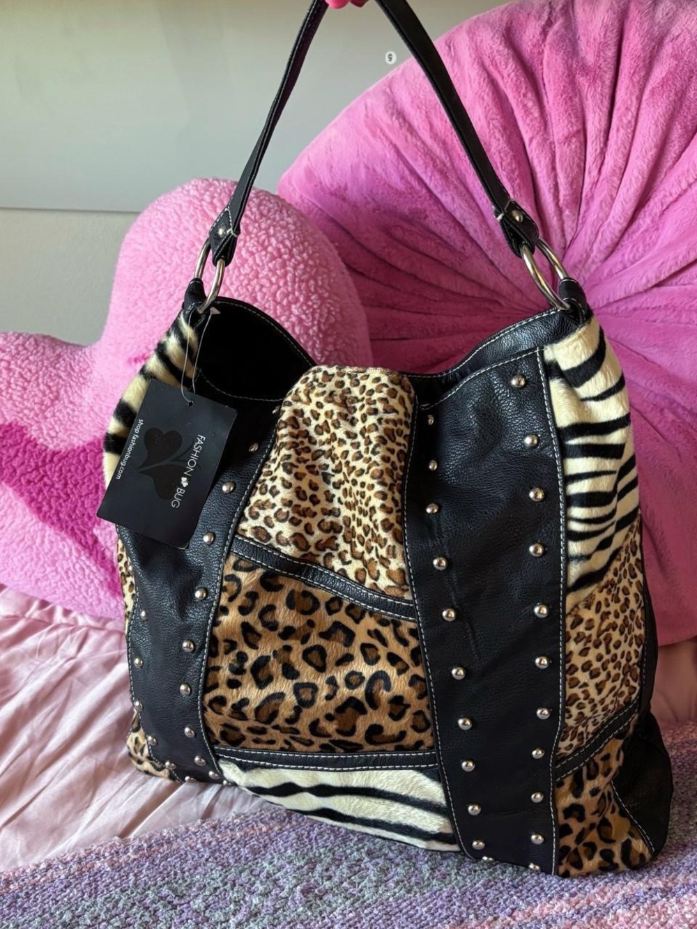 Fashion Bug Y2K Animal Print Studded Hobo Bag Leopard Zebra Purse